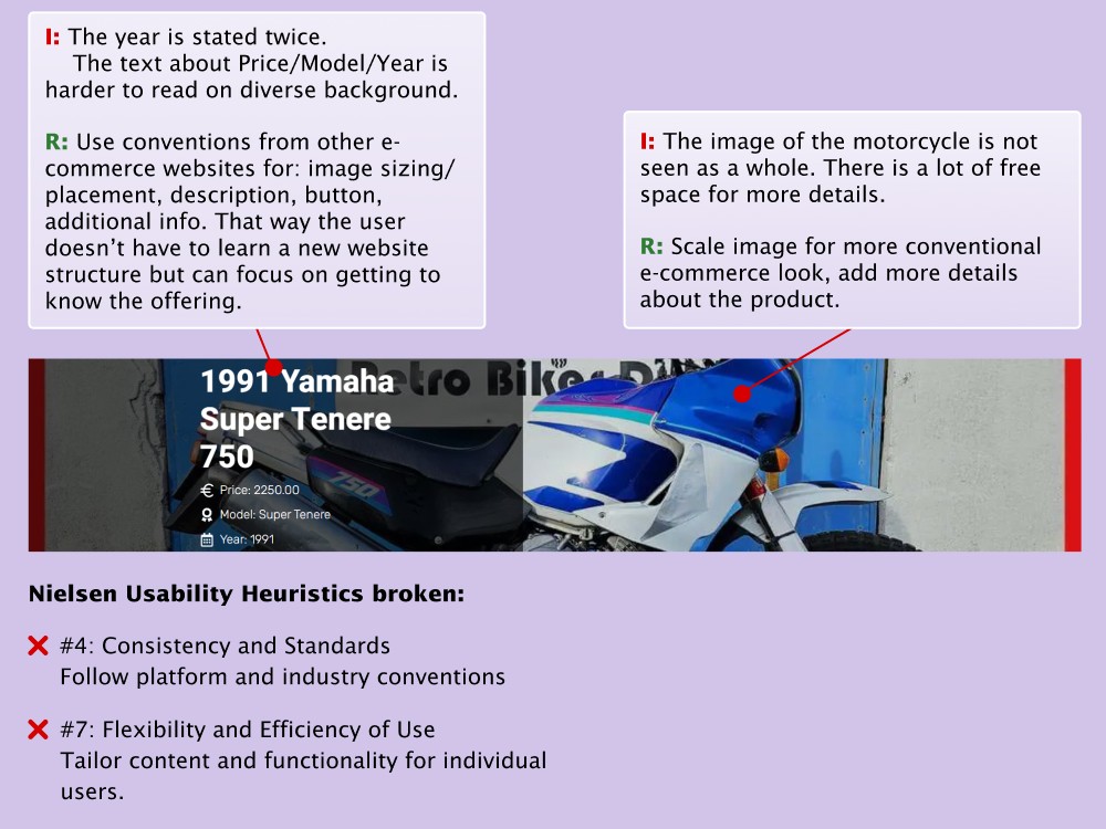 Audit 2, issues and recommendations listed for middle part of the interface - product picture and description