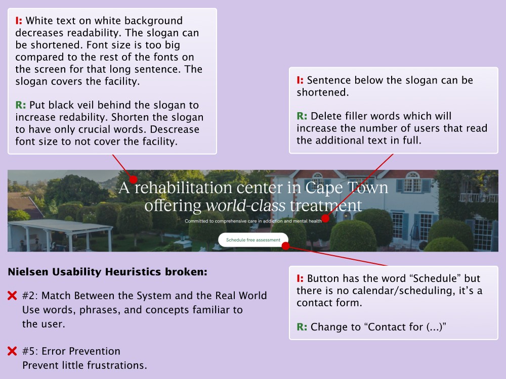 Audit of the middle part of the Hero section, with listing broken Nielsen Usability Heuristics